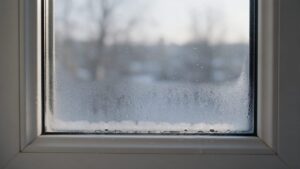 Skroplona woda i zaparowana dolna część szyby okna PCV zimą