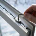 Dłoń ustawia kluczem imbusowym rolkę mimośrodową na krawędzi skrzydła okna, za oknem śnieg