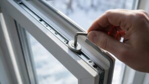 Dłoń ustawia kluczem imbusowym rolkę mimośrodową na krawędzi skrzydła okna, za oknem śnieg